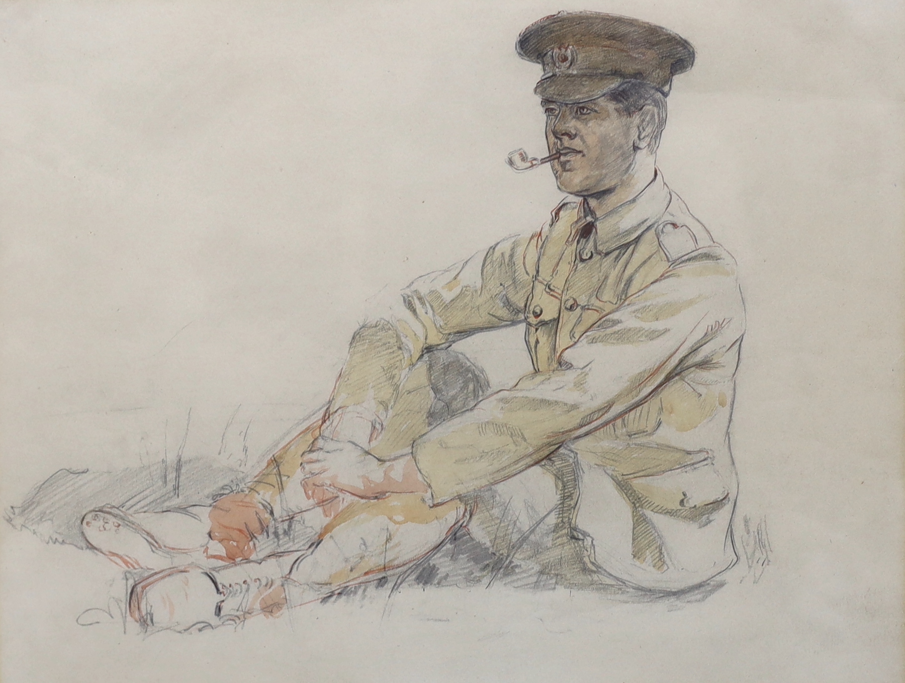 Sir William Orpen RA RHA RWS (British, 1878-1931), 'A Break for a Smoke', pencil, pen, red ink and watercolour, 25 x 33cm